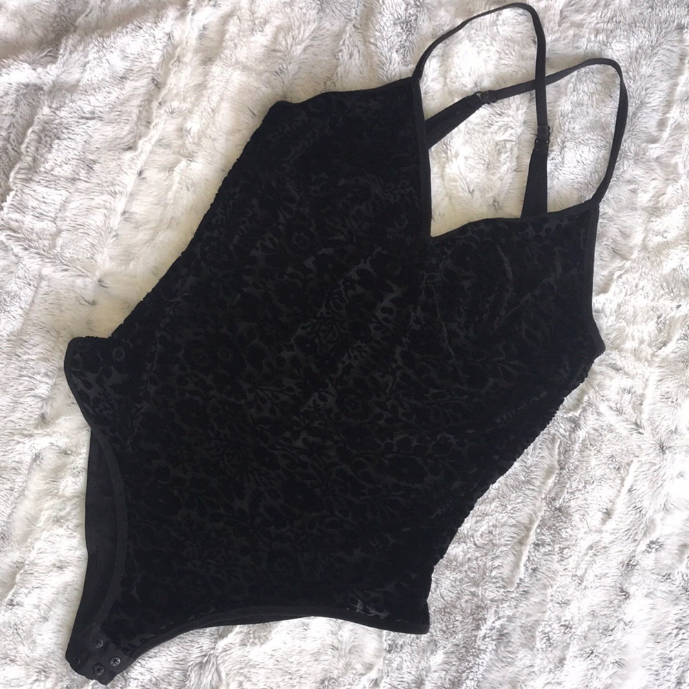 Black semi-sheer velvet body suit